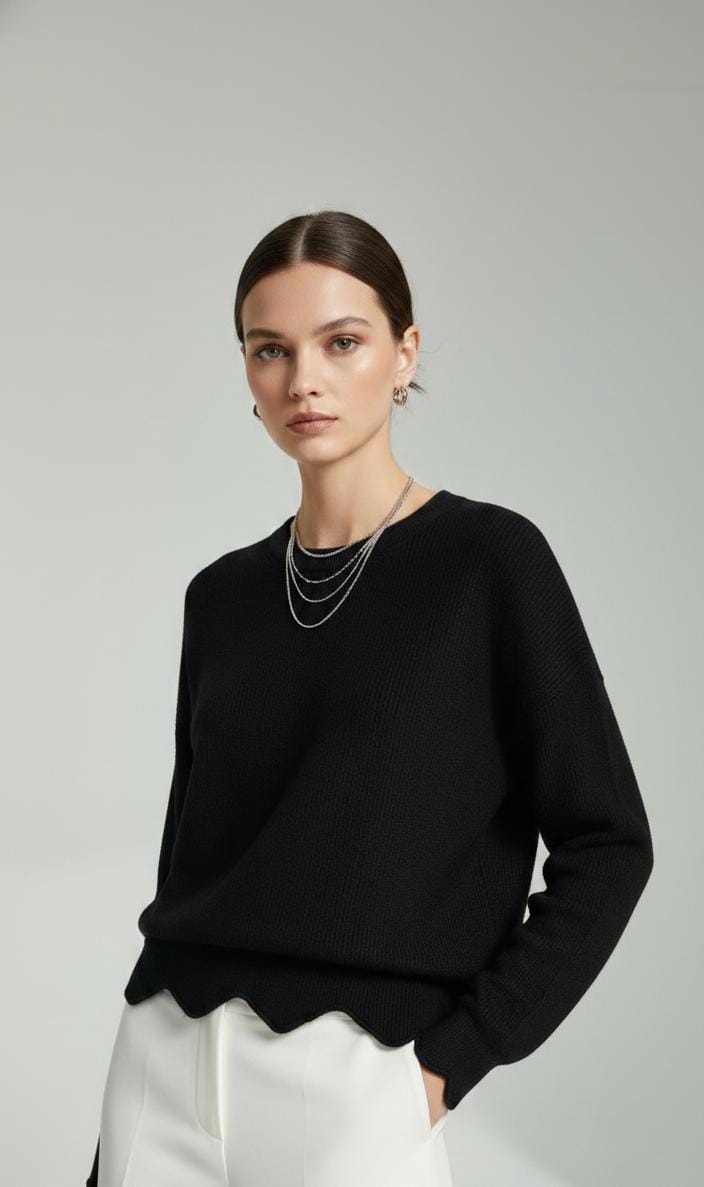 Elegant Black Knit Sweater T Shirt - L size