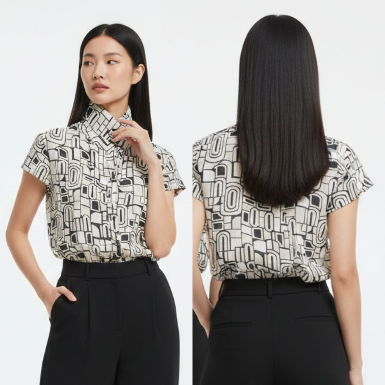 Geometric Print Short Sleeve Blouse - L Size