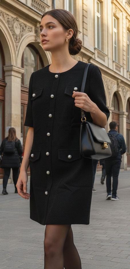 Elegant Black Button-Up Dress - S  Size