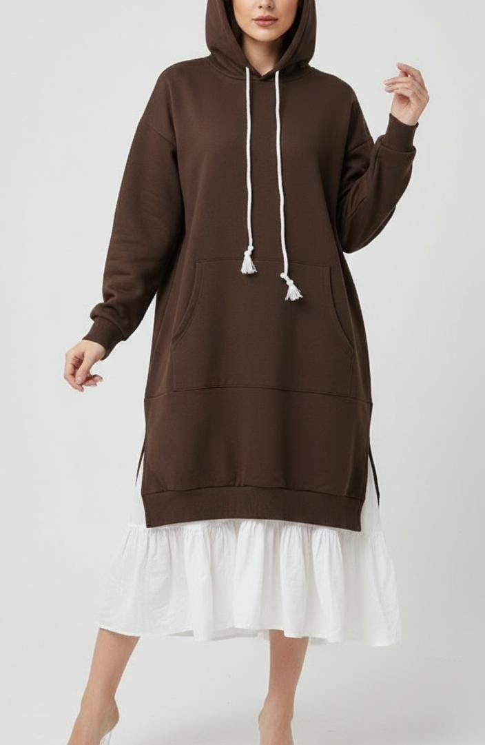 Brown Hoodie Dress with White Ruffle Hem - XXL - Size