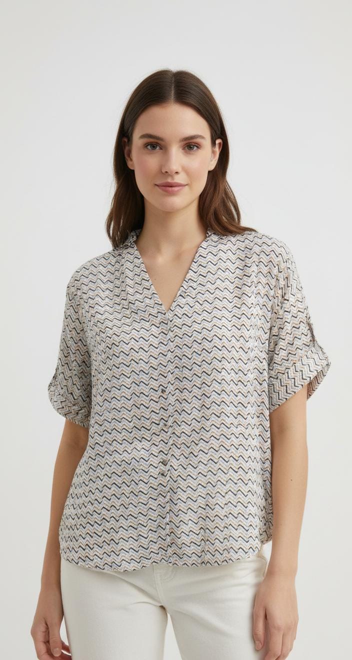 Printed V-Neck Casual Shirt - L SIze