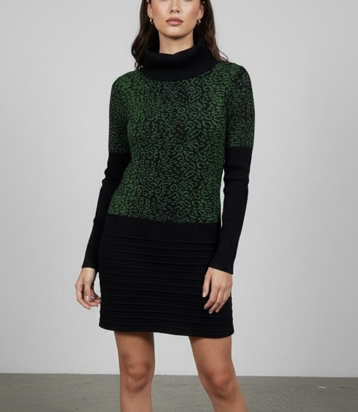 Green Leopard Print Knit Dress - L Size