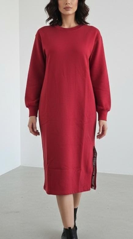 Red Long-Sleeve Midi Sweatshirt Dress - L Size