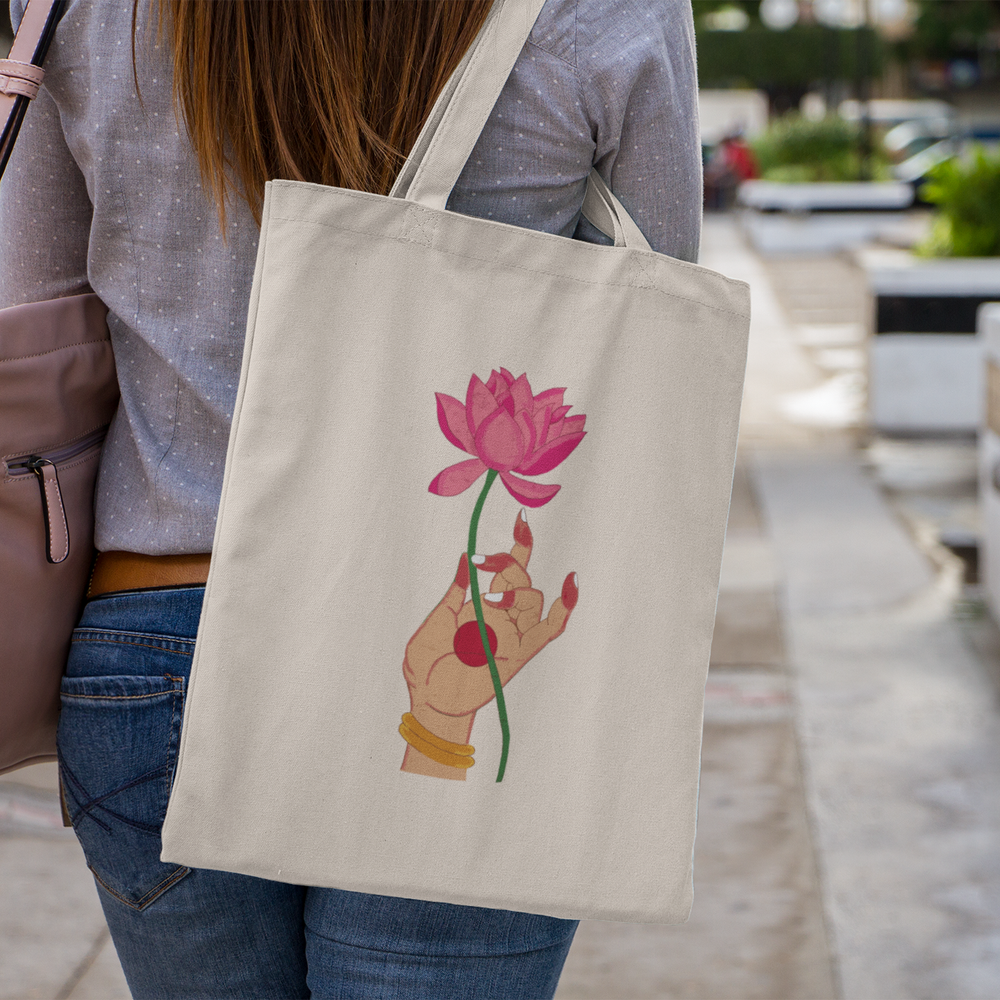 Canvas Tote Bag with Lotus Print