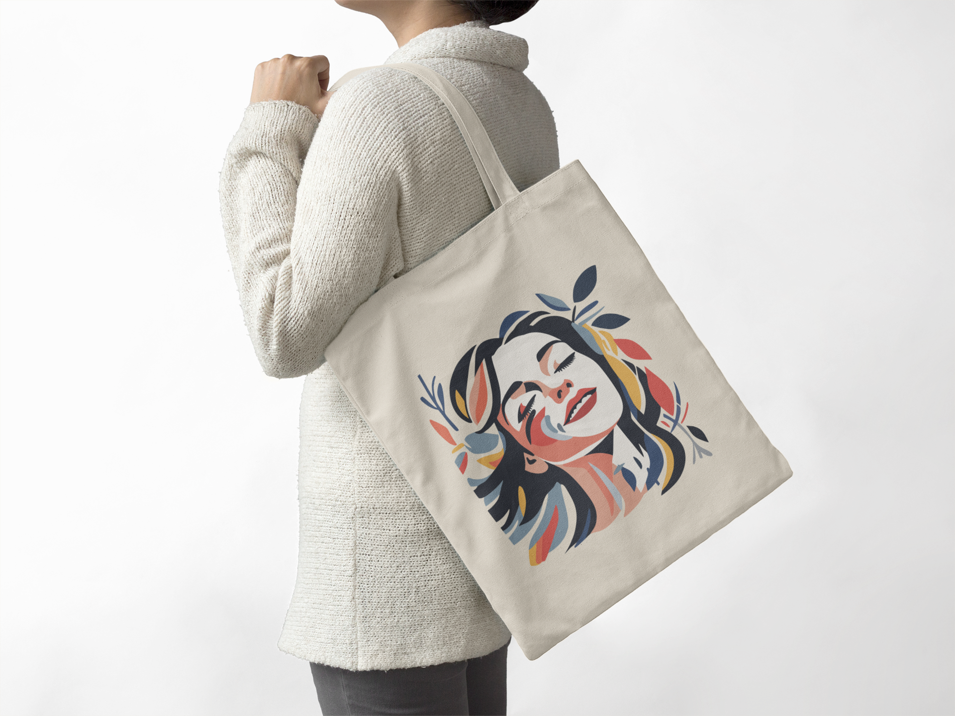 Canvas Tote Bag with Artistic Woman Portrait