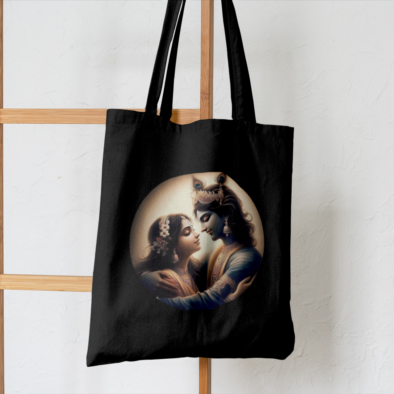 Black Canvas Tote Bag with Radhe Krishna