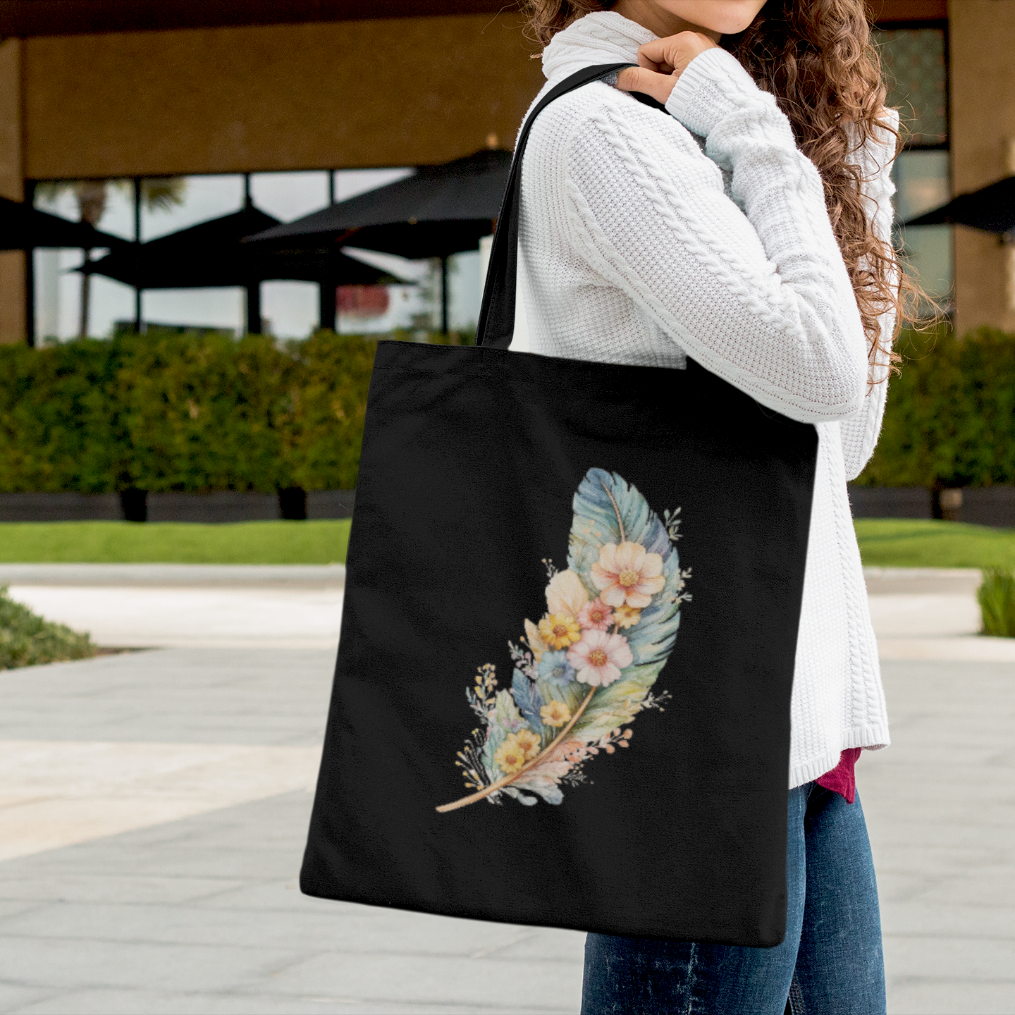 Floral Feather Black Tote Bag