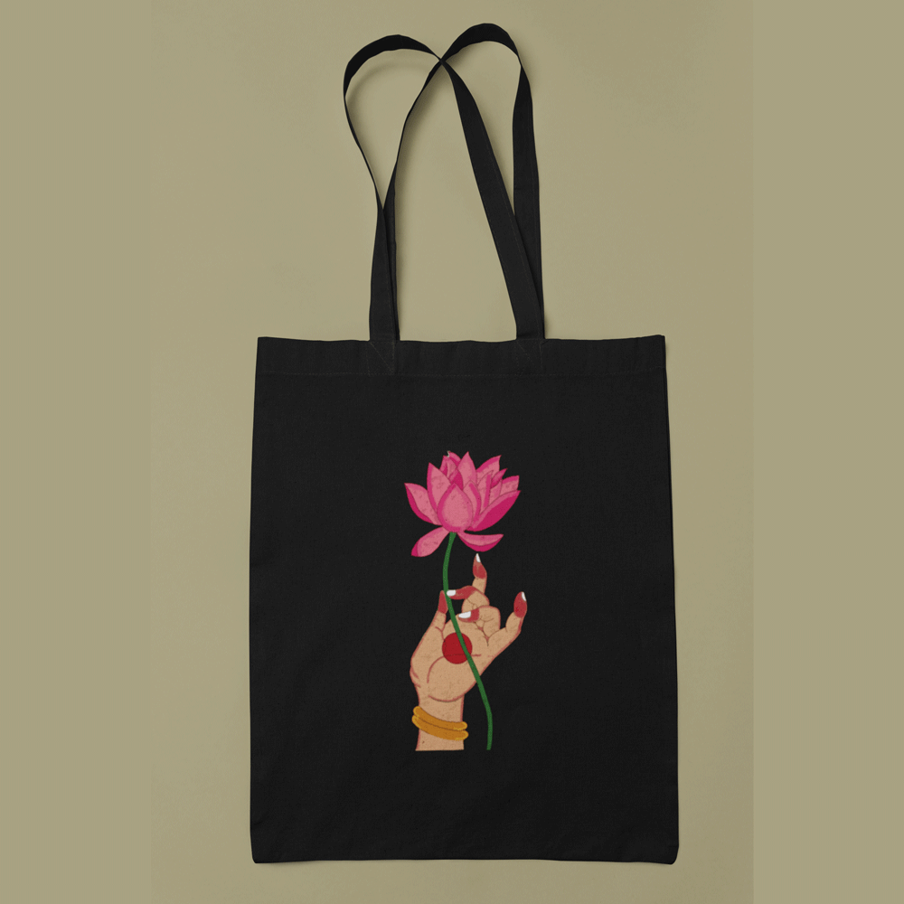 Hand and Lotus Flower Printed Tote Bag
