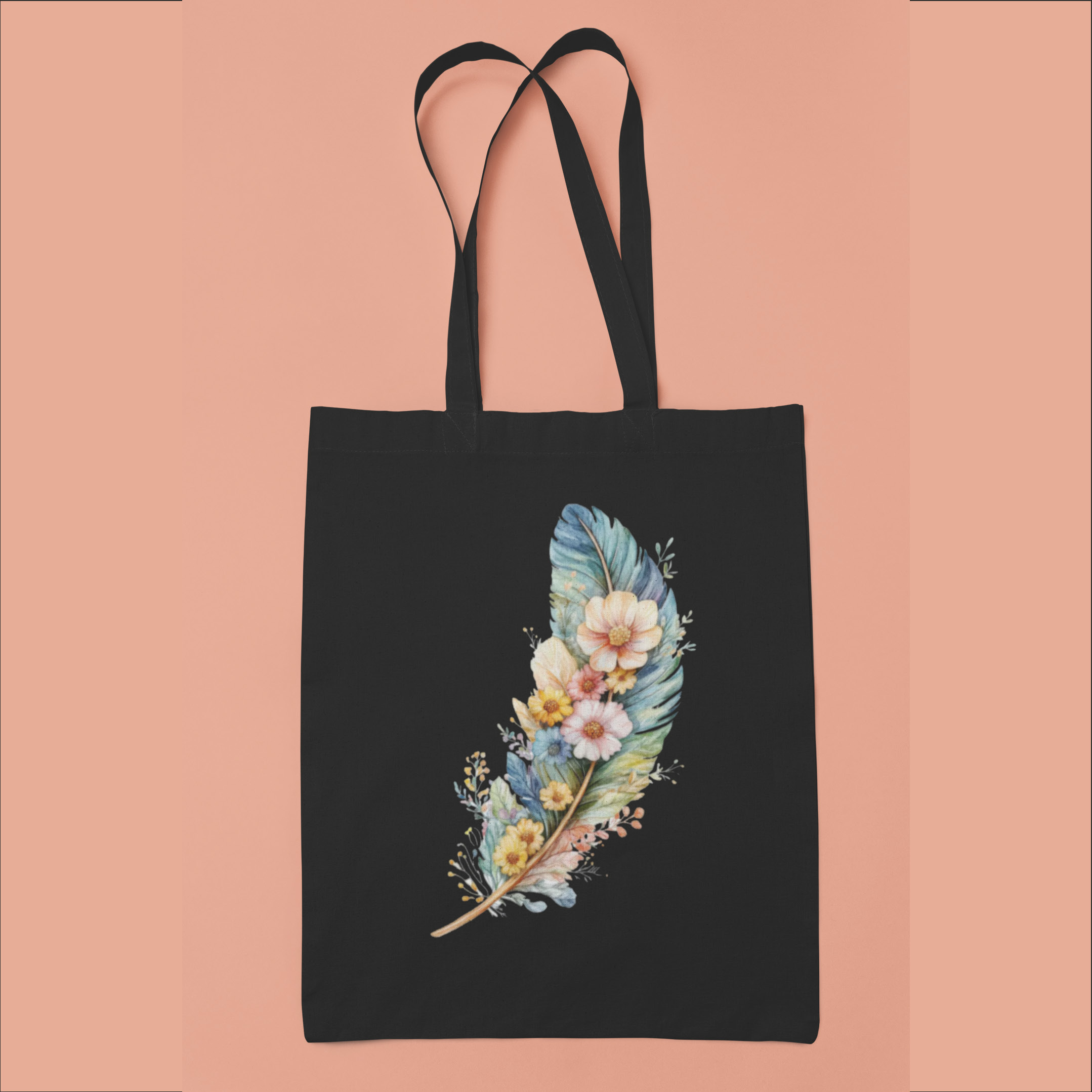 Floral Feather Black Tote Bag