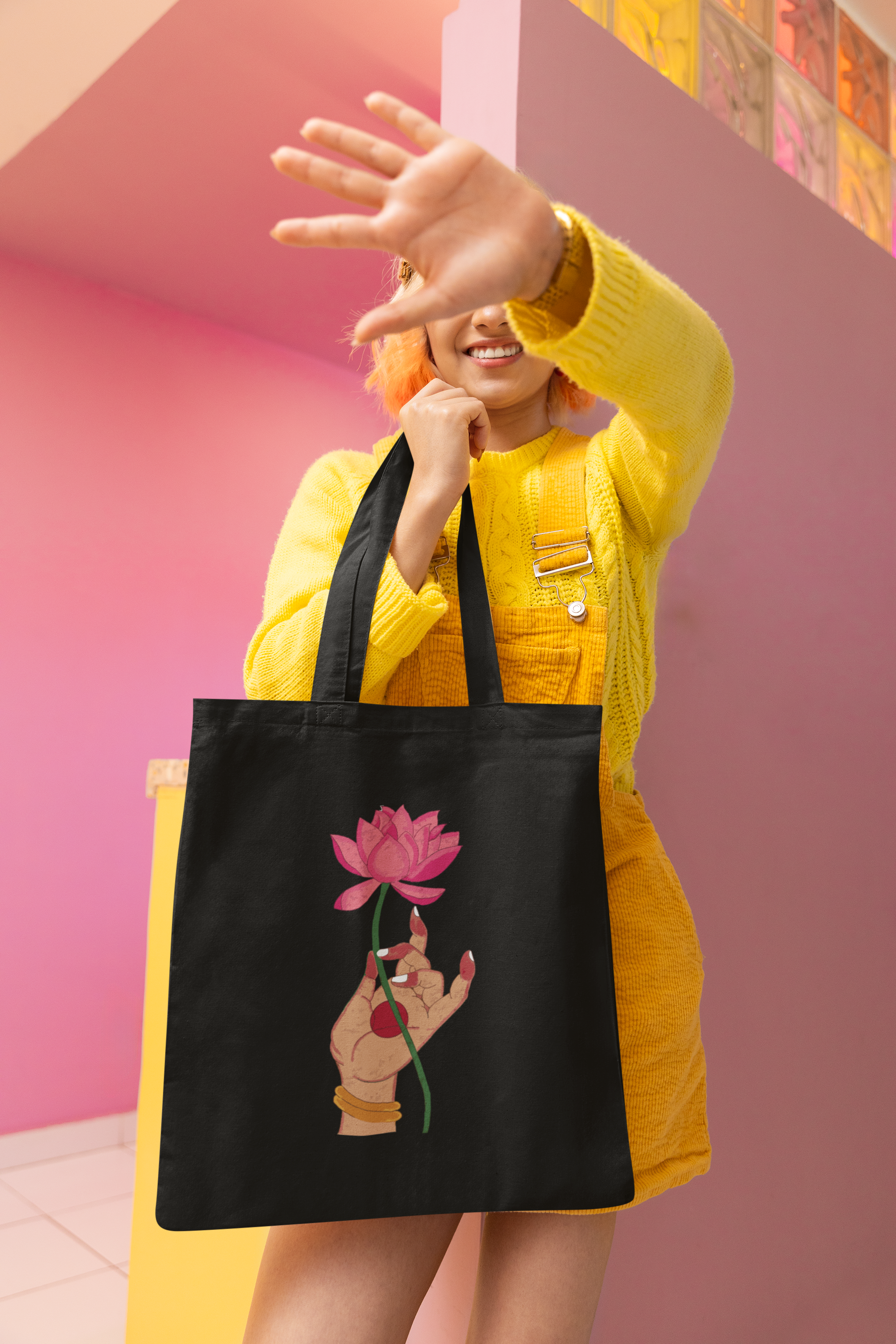 Hand and Lotus Flower Printed Tote Bag
