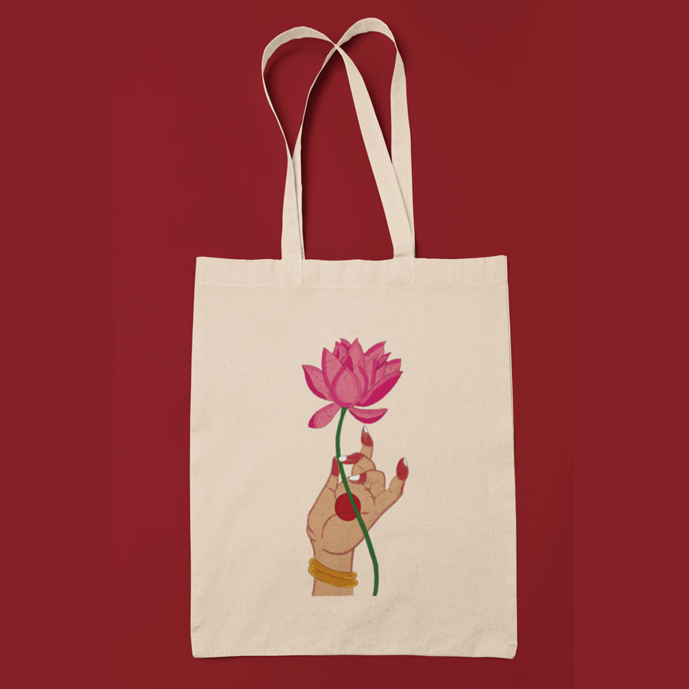 Canvas Tote Bag with Lotus Print
