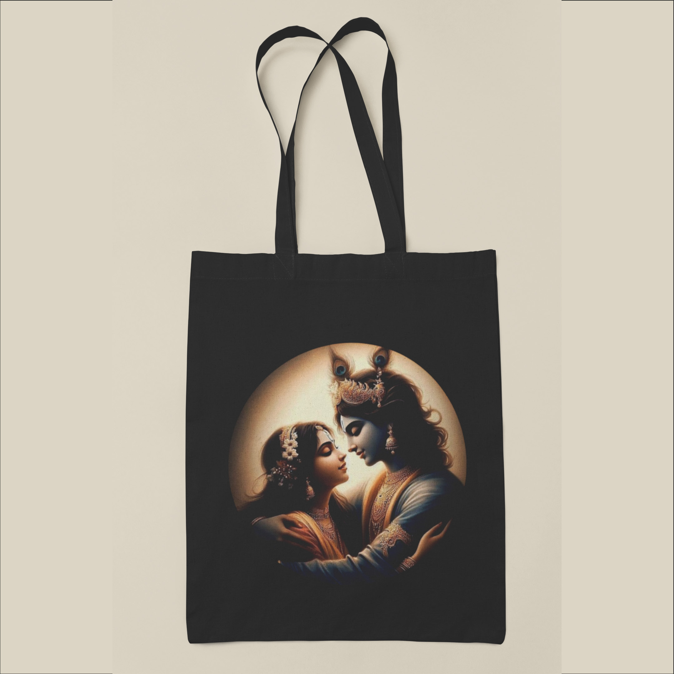 Black Canvas Tote Bag with Radhe Krishna