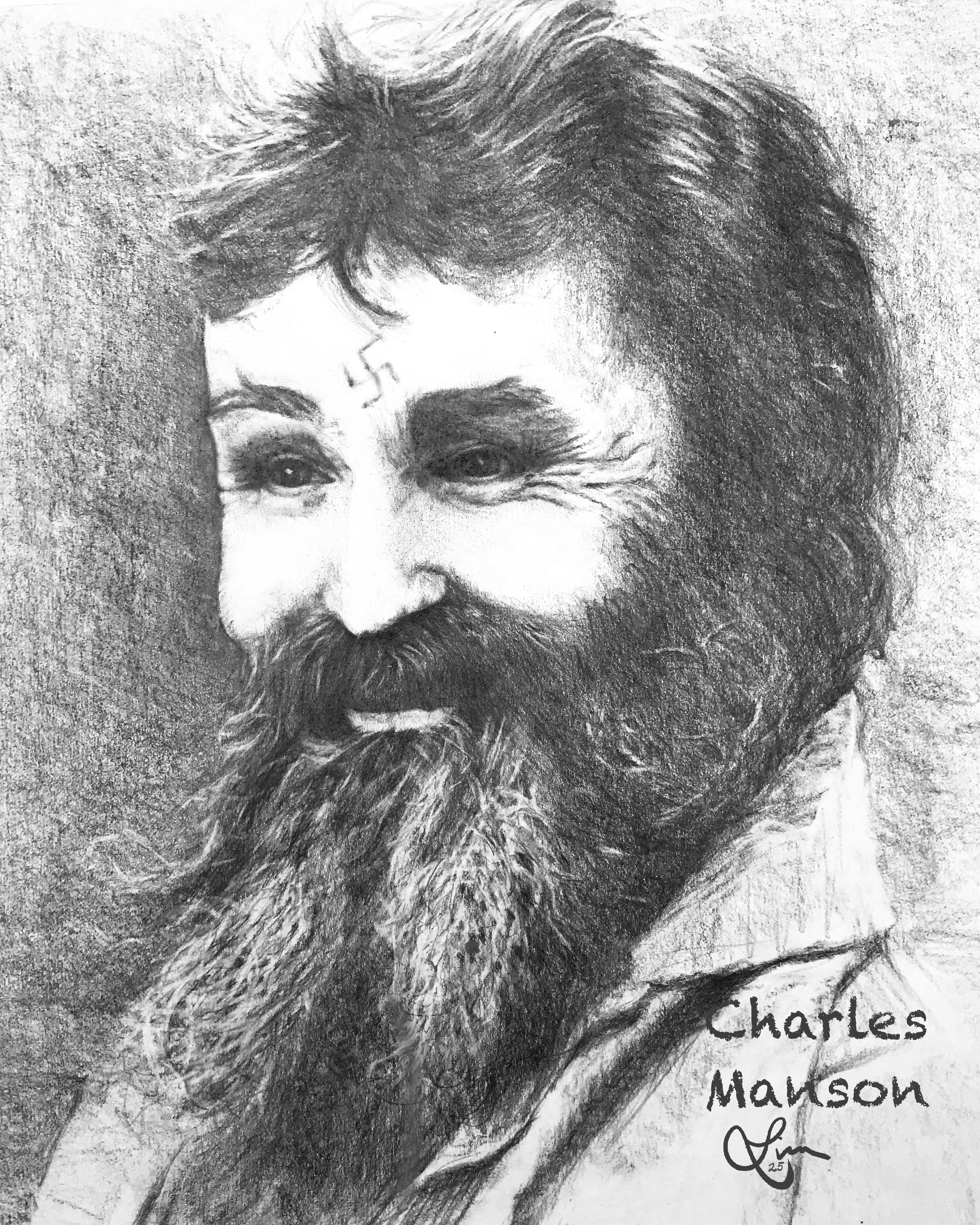 Charles Manson Signed Pencil Portrait
