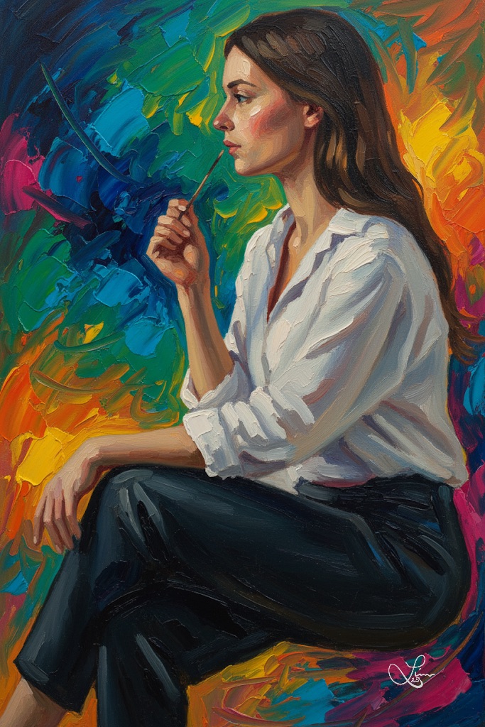 Woman in white with paintbrush