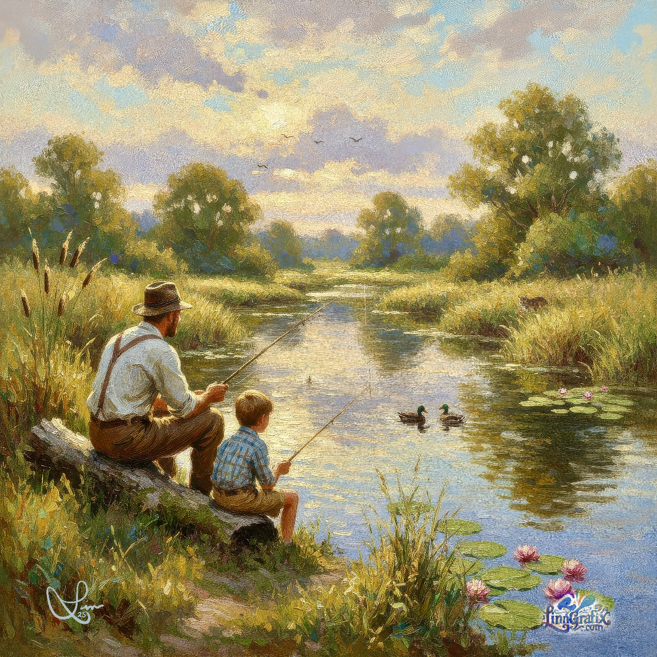 Father and Son Fishing Painting - Digital Download