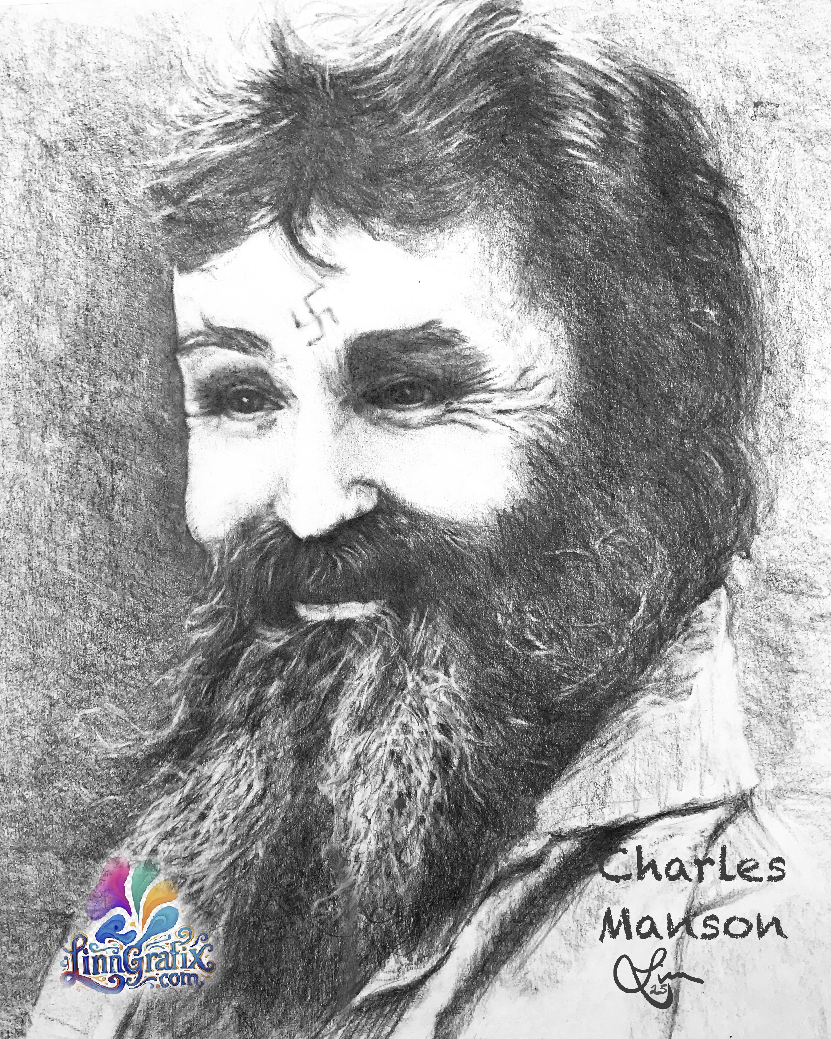 Charles Manson Signed Pencil Portrait