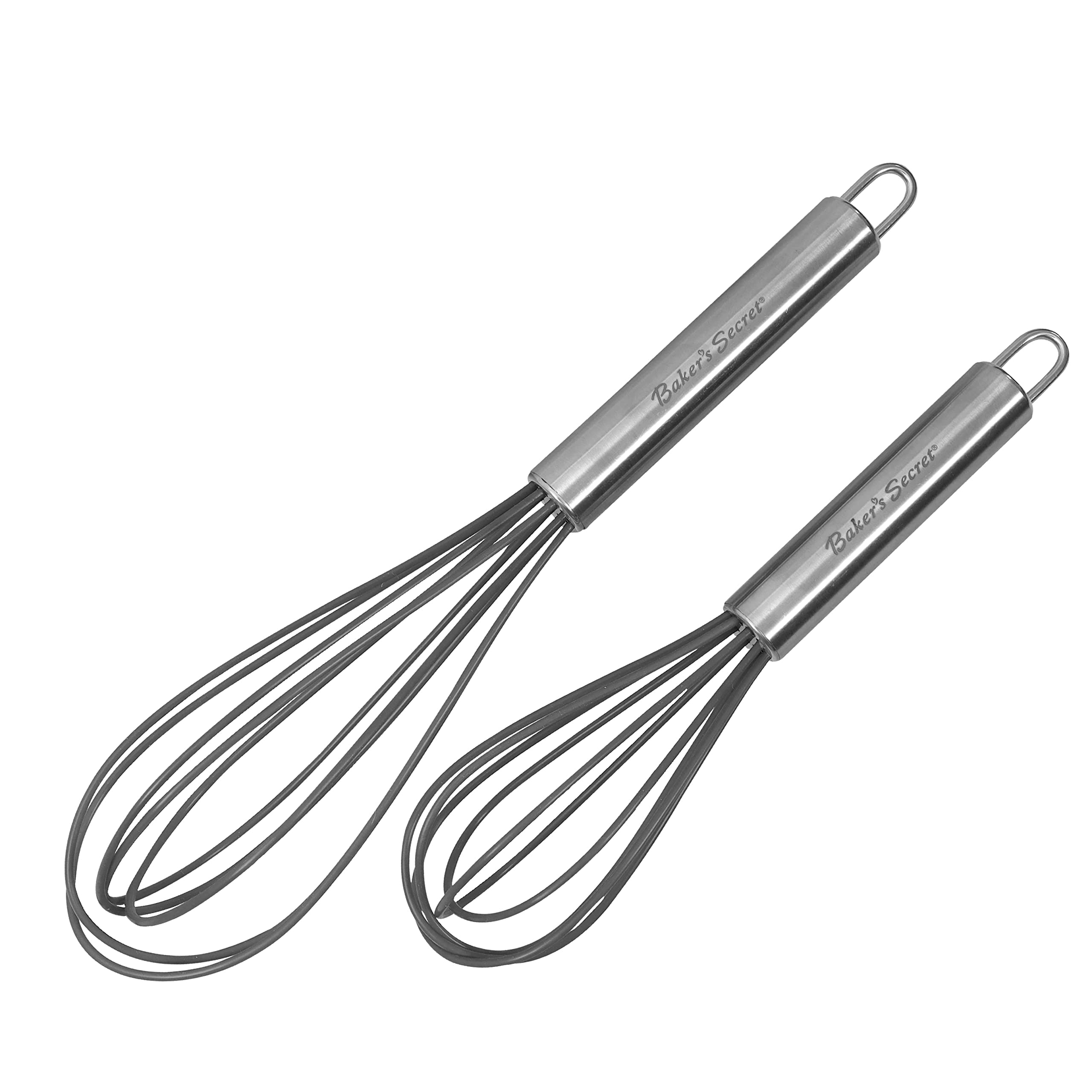 Baker’s Secret Silicone Whisks 8″ 10″ Set of 2, Heat Resistant, Stainless Steel Handles, kitchen utensil set for Baking Cooking, Ballon Whisks Set – Silver