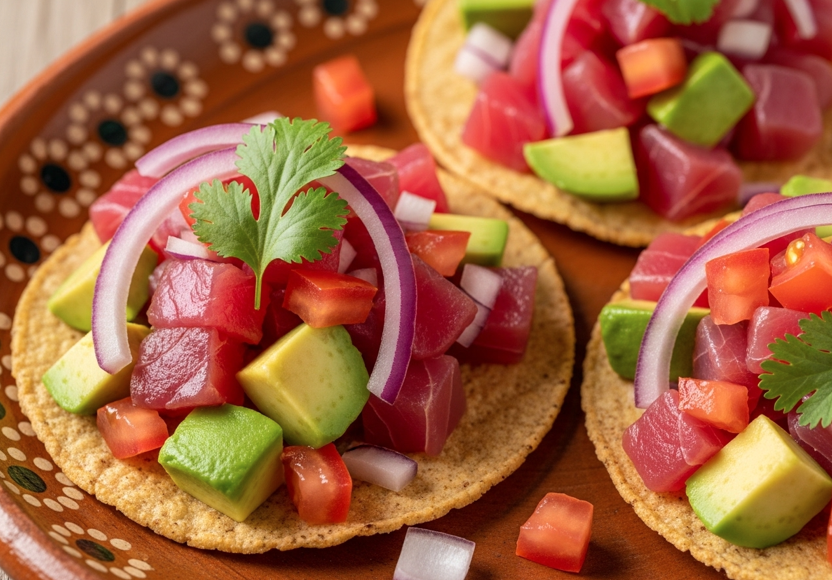 Tostadas de Atún en Salsa Macha con Aguacate y Germinados
