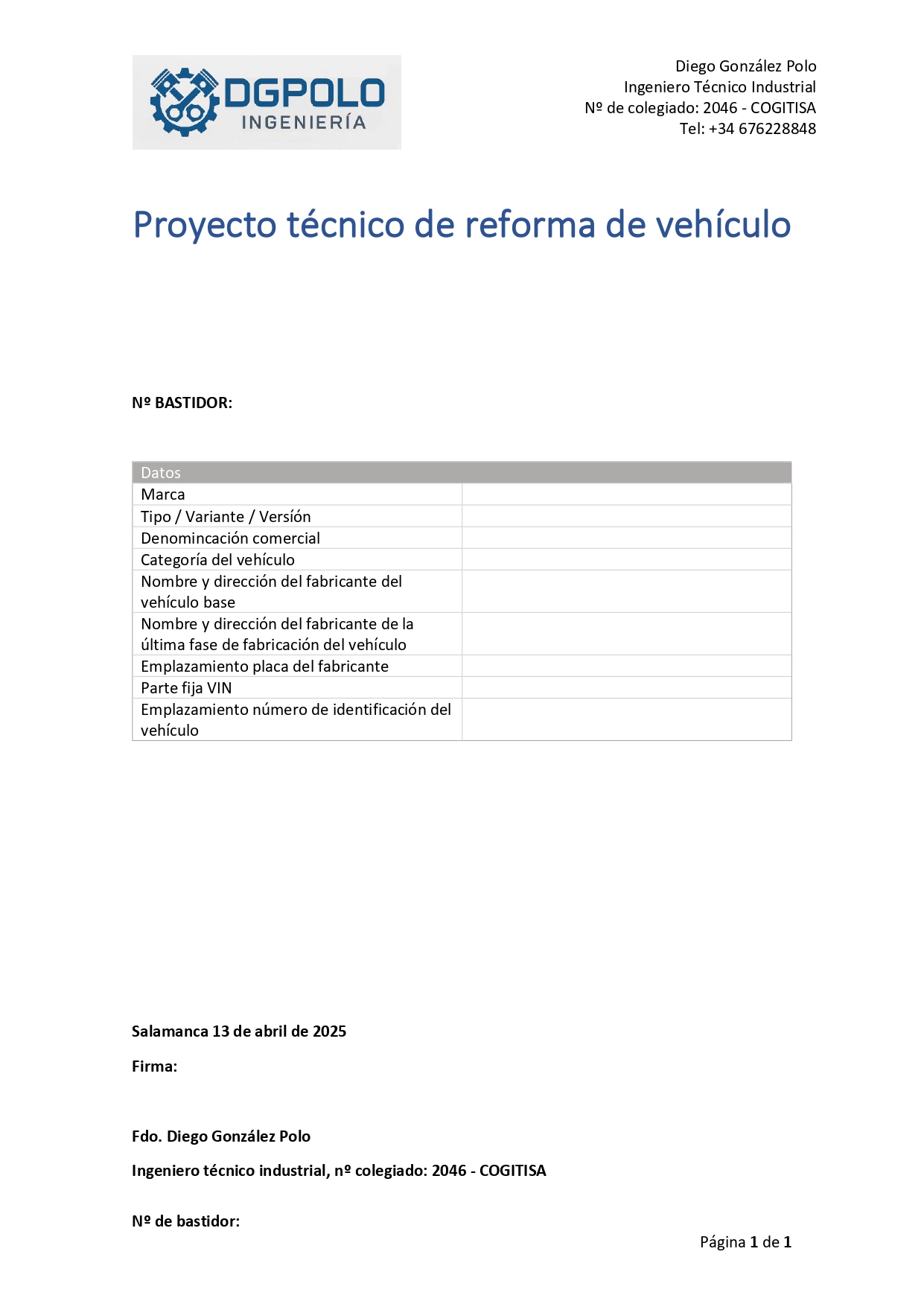 Proyecto técnico de reforma de vehículo Online - DGPolo Ingeniería