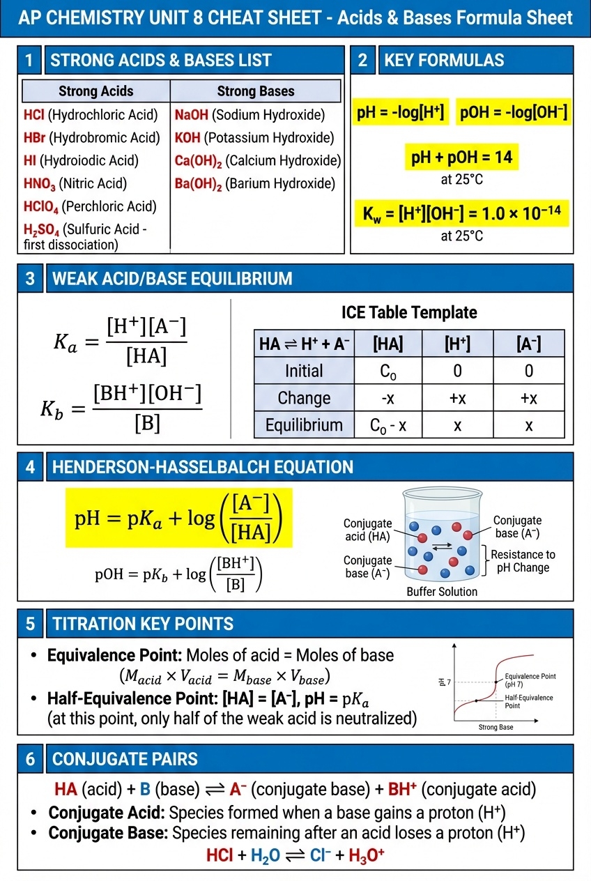 AP Chemistry Unit 8  Acids & Bases Formula Cheat Sheet