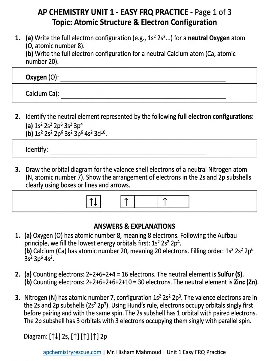 AP Chemistry Unit 1 Easy FRQ Worksheet