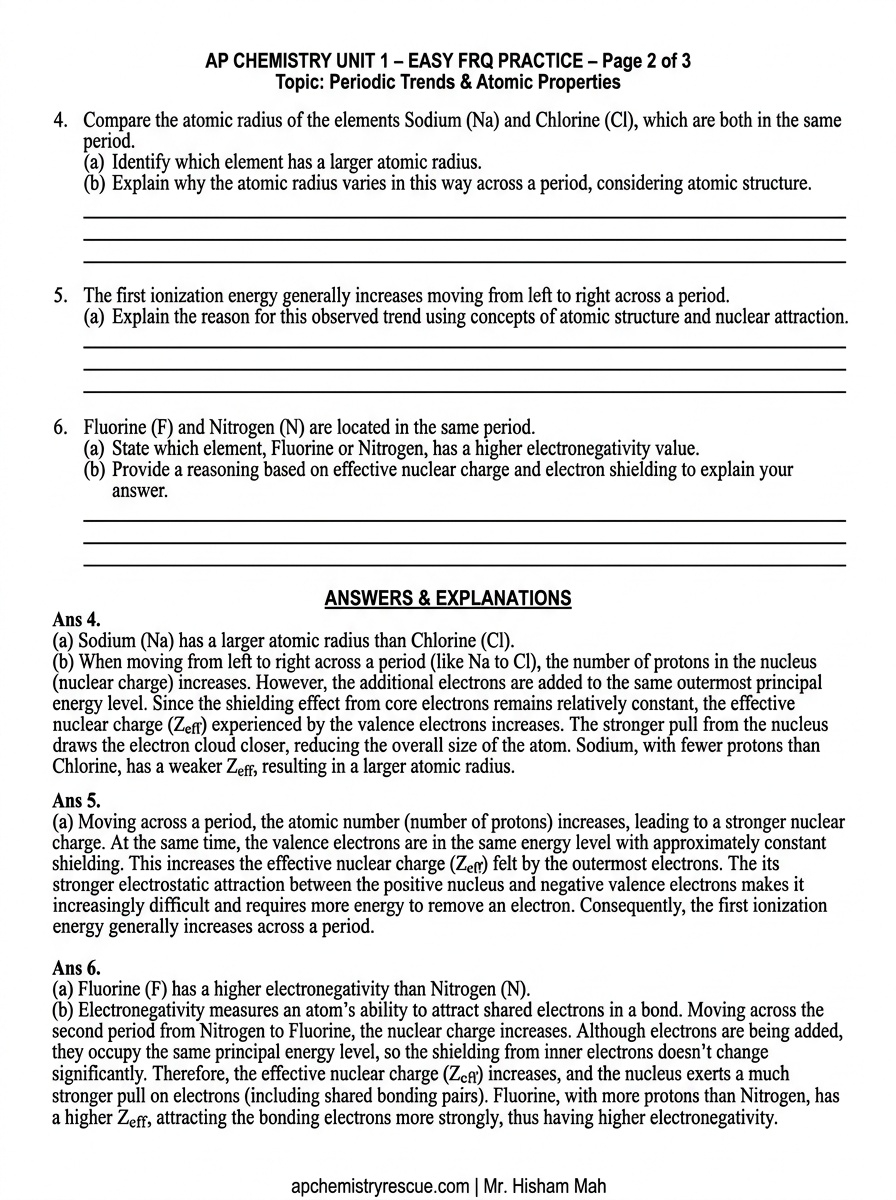 AP Chemistry Unit 1 Easy FRQ Worksheet