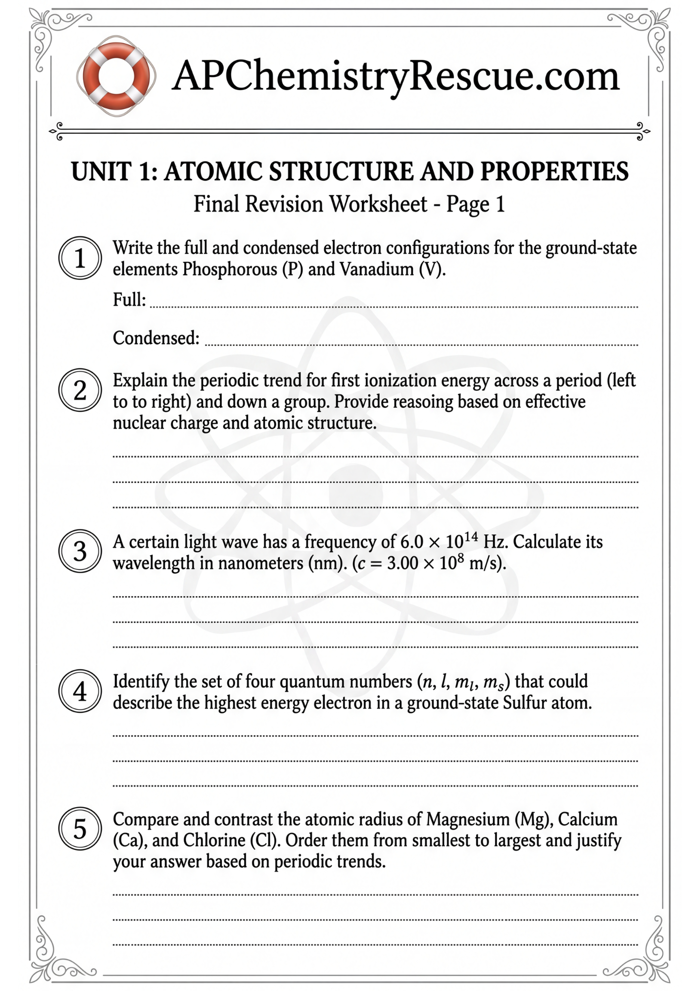 AP CHEMISTRY UNIT 1 Atomic Structure & Properties Worksheet