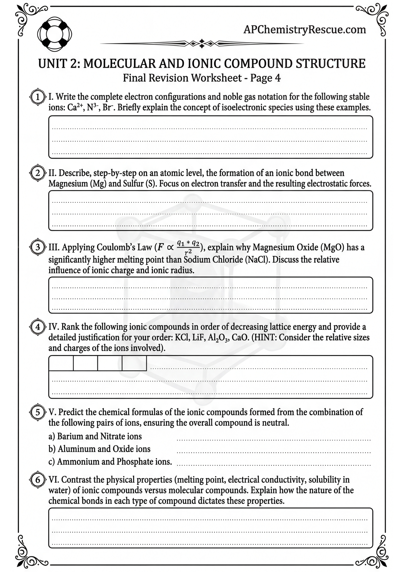 AP Chemistry Molecular & Ionic Structure Worksheet