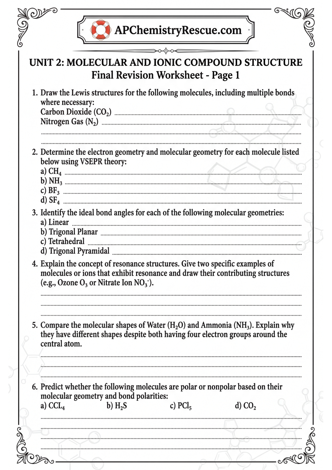AP Chemistry Molecular & Ionic Structure Worksheet