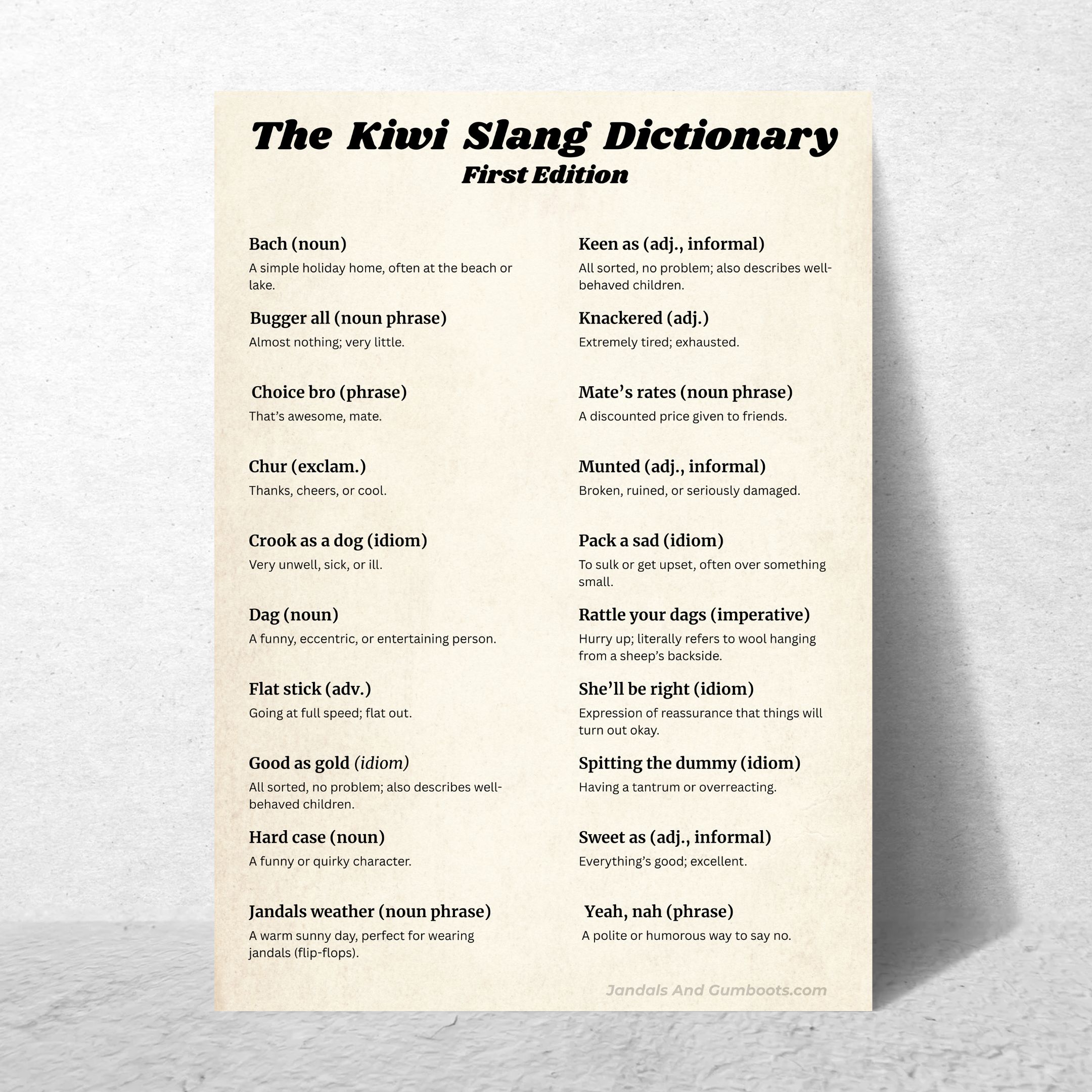 Vintage Kiwi Slang Dictionary Poster