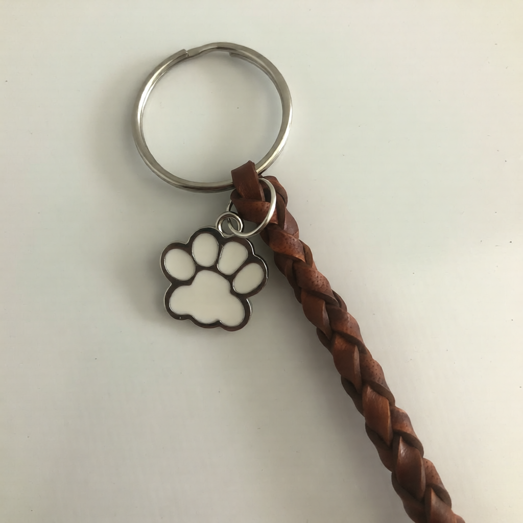 Hand Plaited Leather Paw Print Keyring