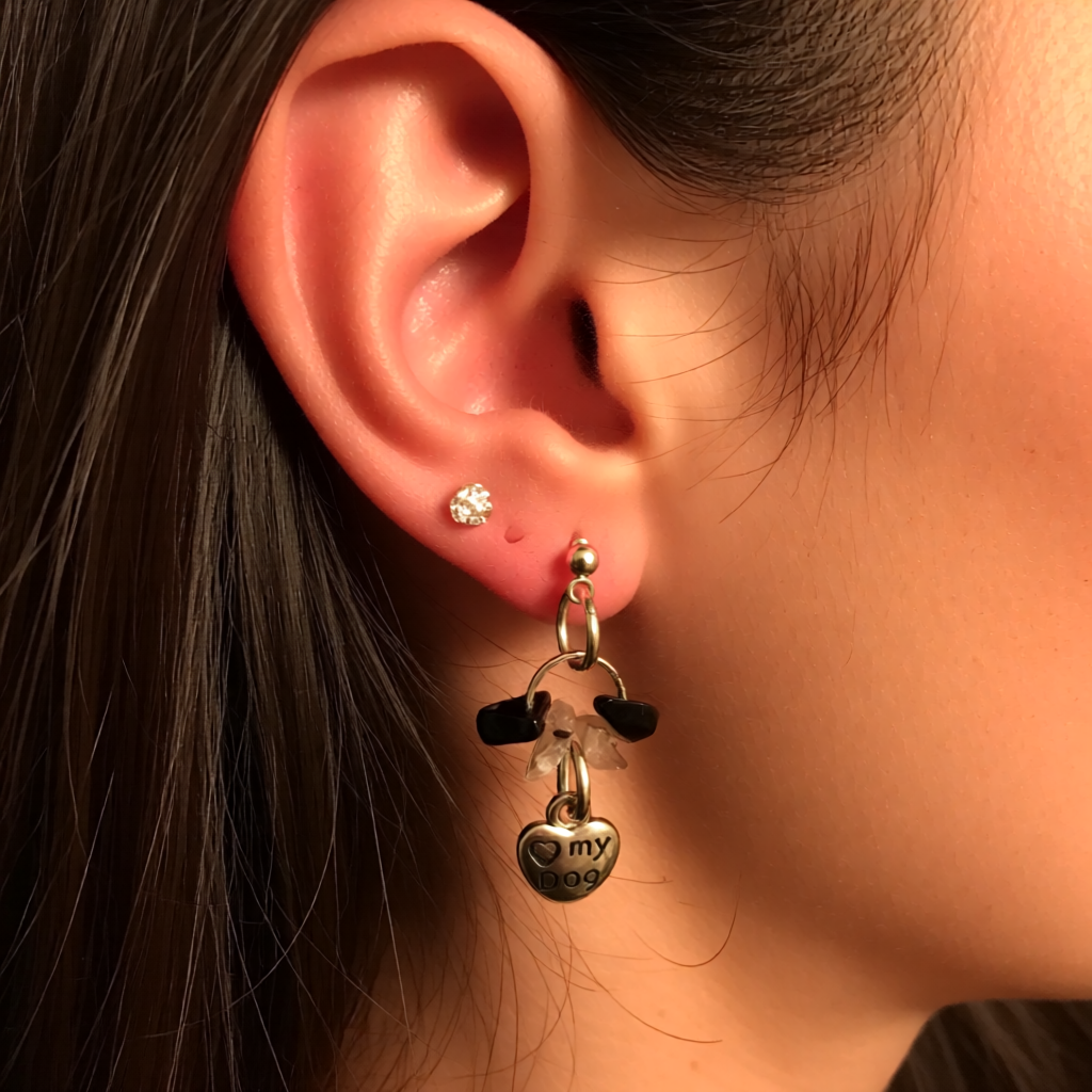 Love My Dog Earrings , Paw Print Charm, 925 Silver Stud , Gemstone Drop Earrings