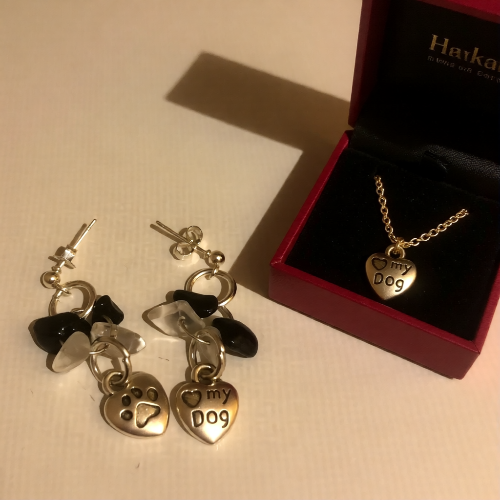 Love My Dog Earrings , Paw Print Charm, 925 Silver Stud , Gemstone Drop Earrings