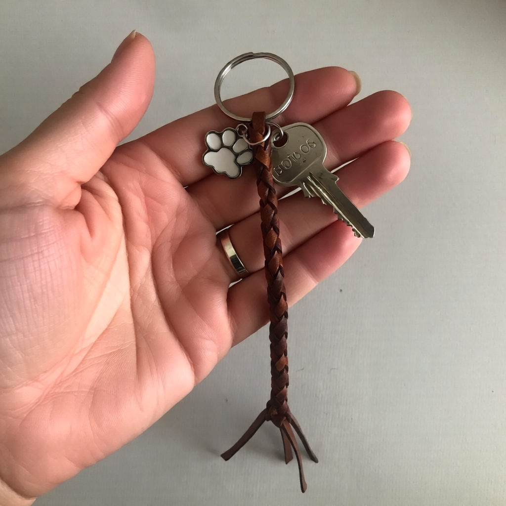 Hand Plaited Leather Paw Print Keyring
