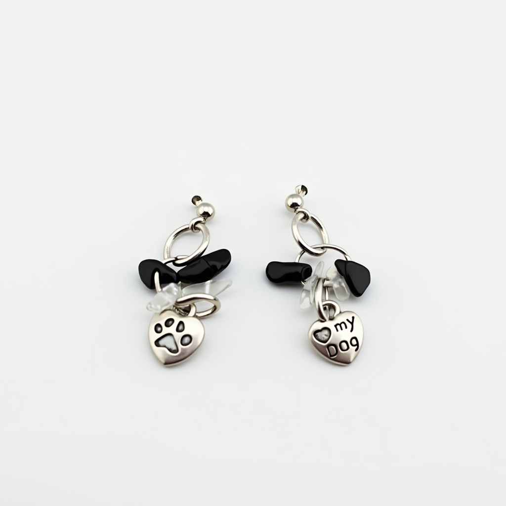 Love My Dog Earrings , Paw Print Charm, 925 Silver Stud , Gemstone Drop Earrings