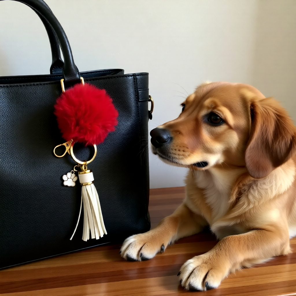 Dog Paw Bag Charm , Fluffy Pom Pom Keyring