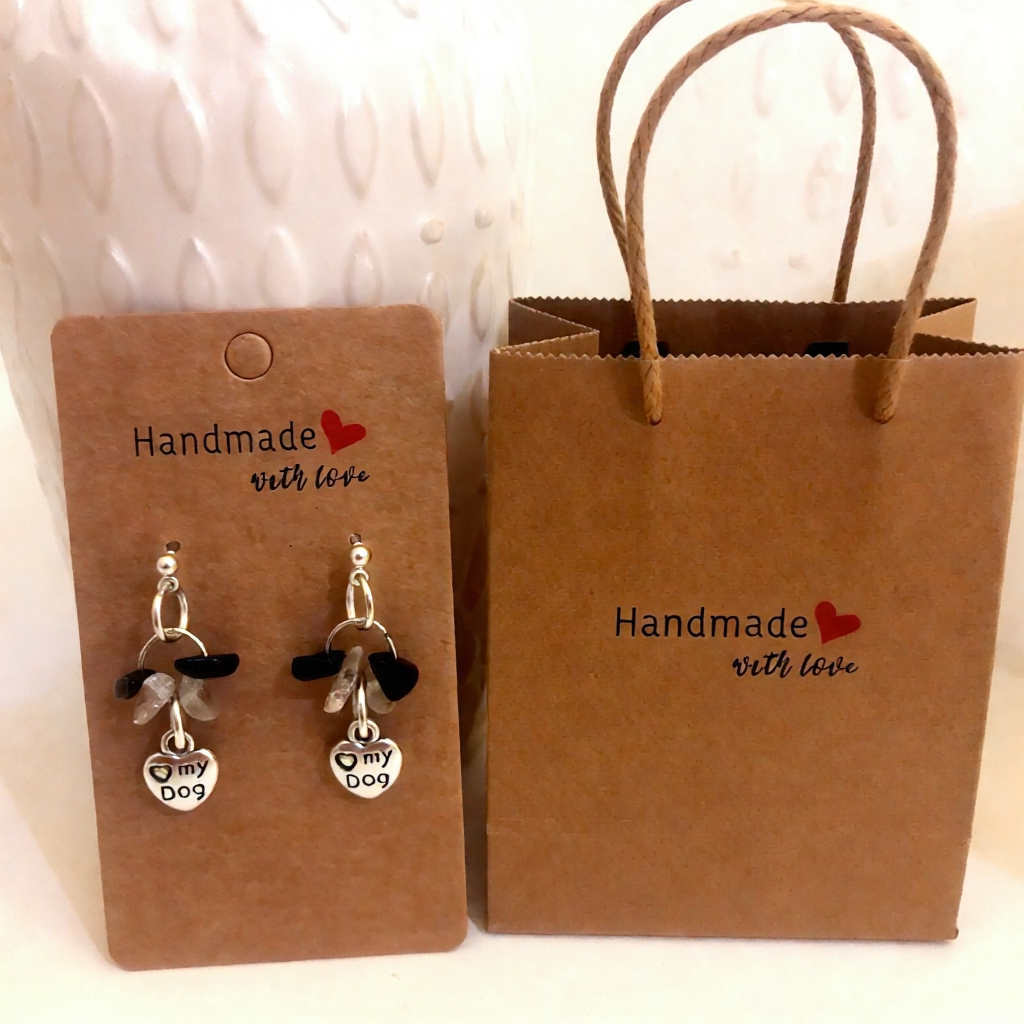 Love My Dog Earrings , Paw Print Charm, 925 Silver Stud , Gemstone Drop Earrings