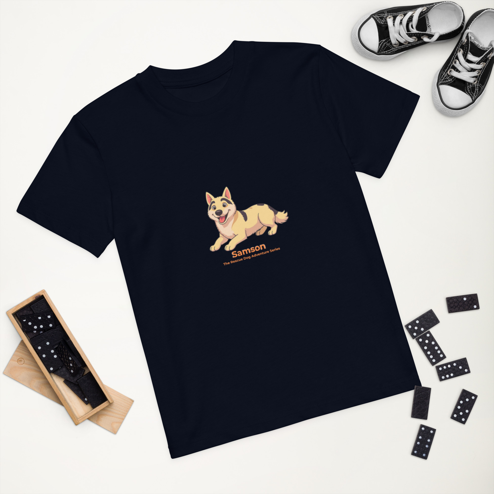 Samson print organic cotton kids t-shirt Black, French Navy