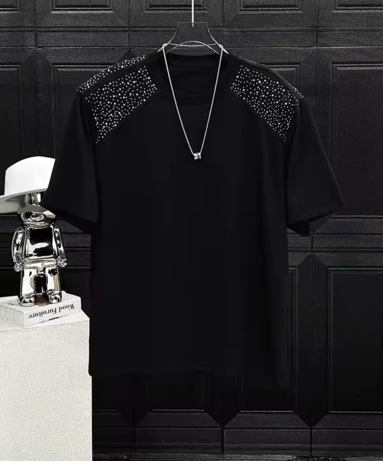 Black T-shirt with Rhinestone Shoulders