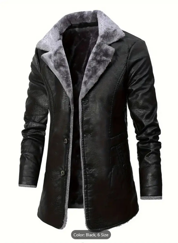 Men's Black Faux Leather Winter Coat