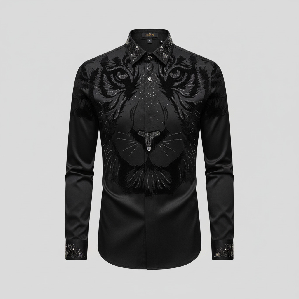 Black Tiger Print Dress Shirt