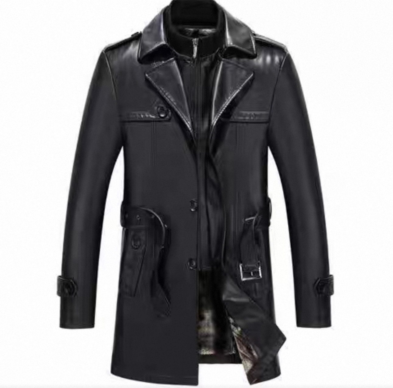 Men's Black Leather Trench Coat