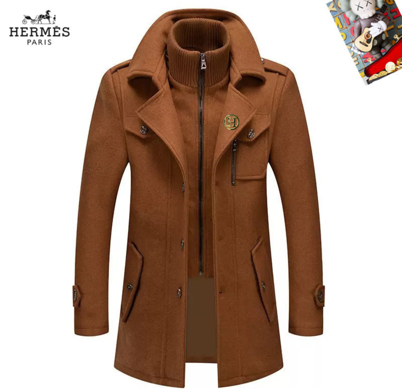 Hermès Paris Men's Brown Wool Coat