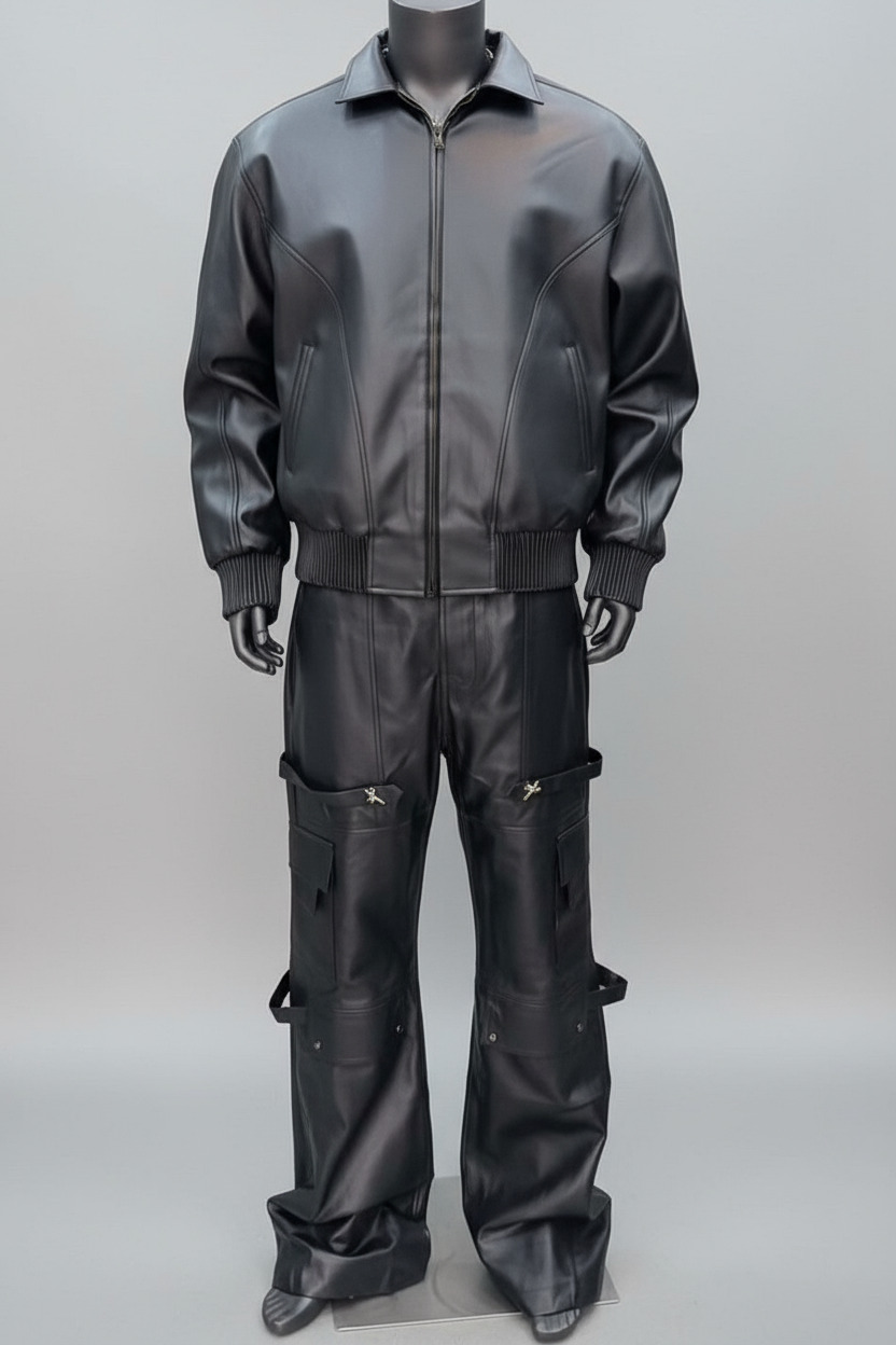 Black Faux Leather Jacket and Cargo Pants Set