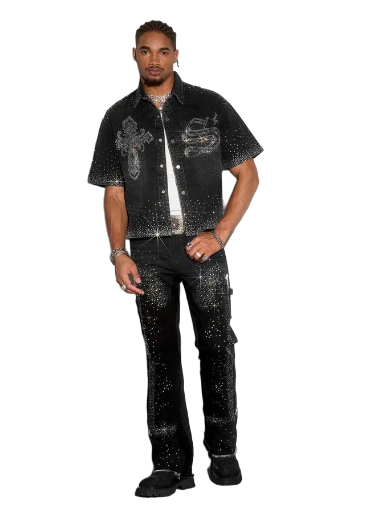 Men's Embellished Black Denim Set