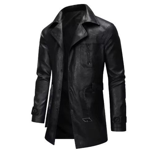 Men's Black Leather Trench Coat