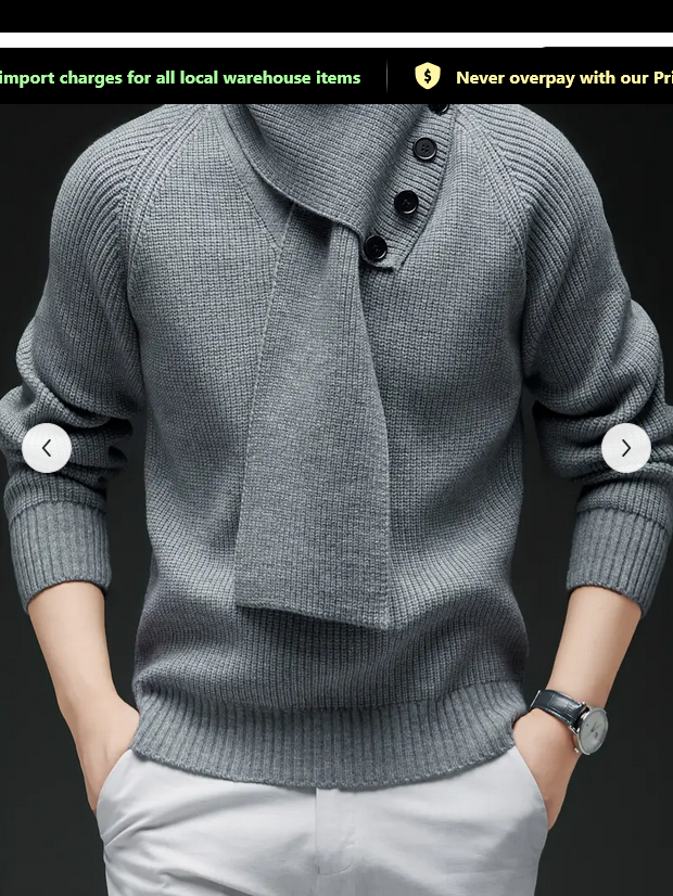 Men’s Grey Knit Sweater with Buttoned Scarf