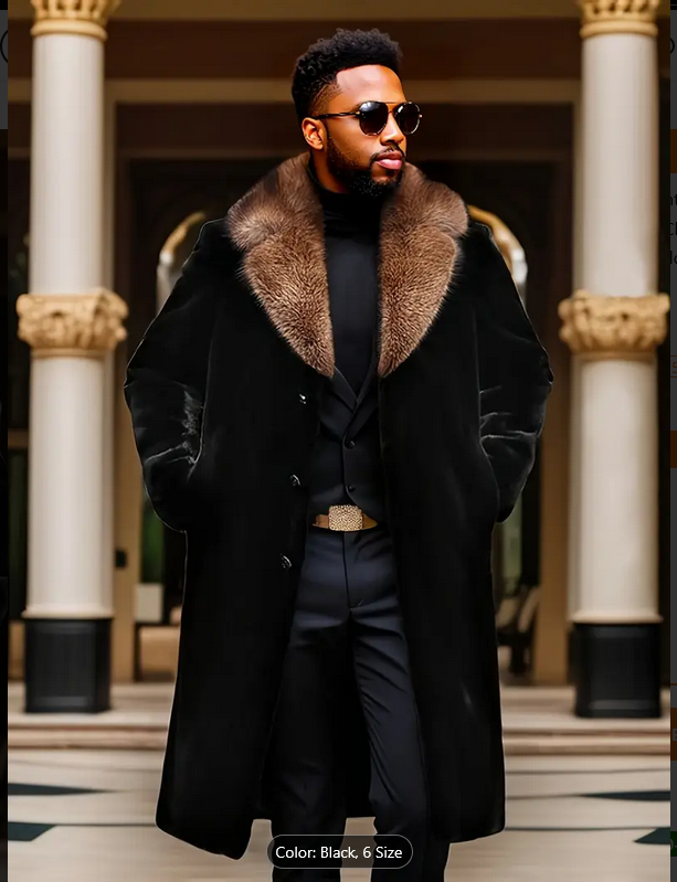 Men's Luxury Black Fur Collar Overcoat