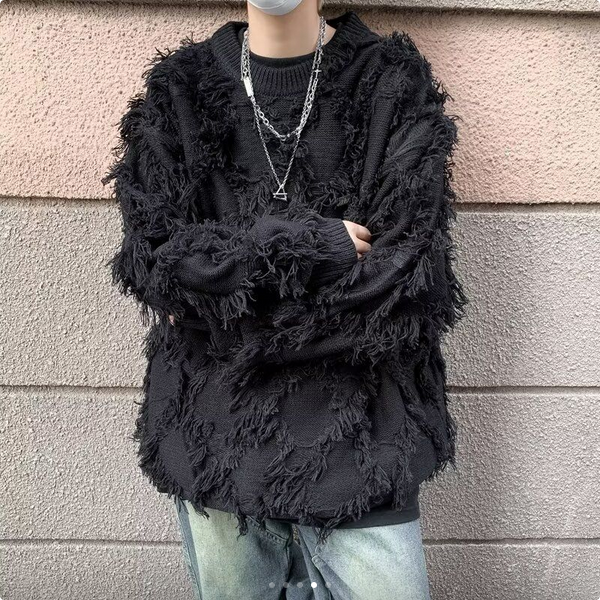 Black Textured Fringe Sweater