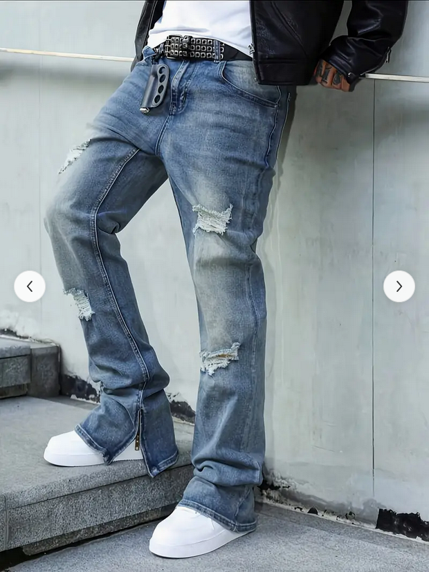 Distressed Straight-Leg Denim Jeans